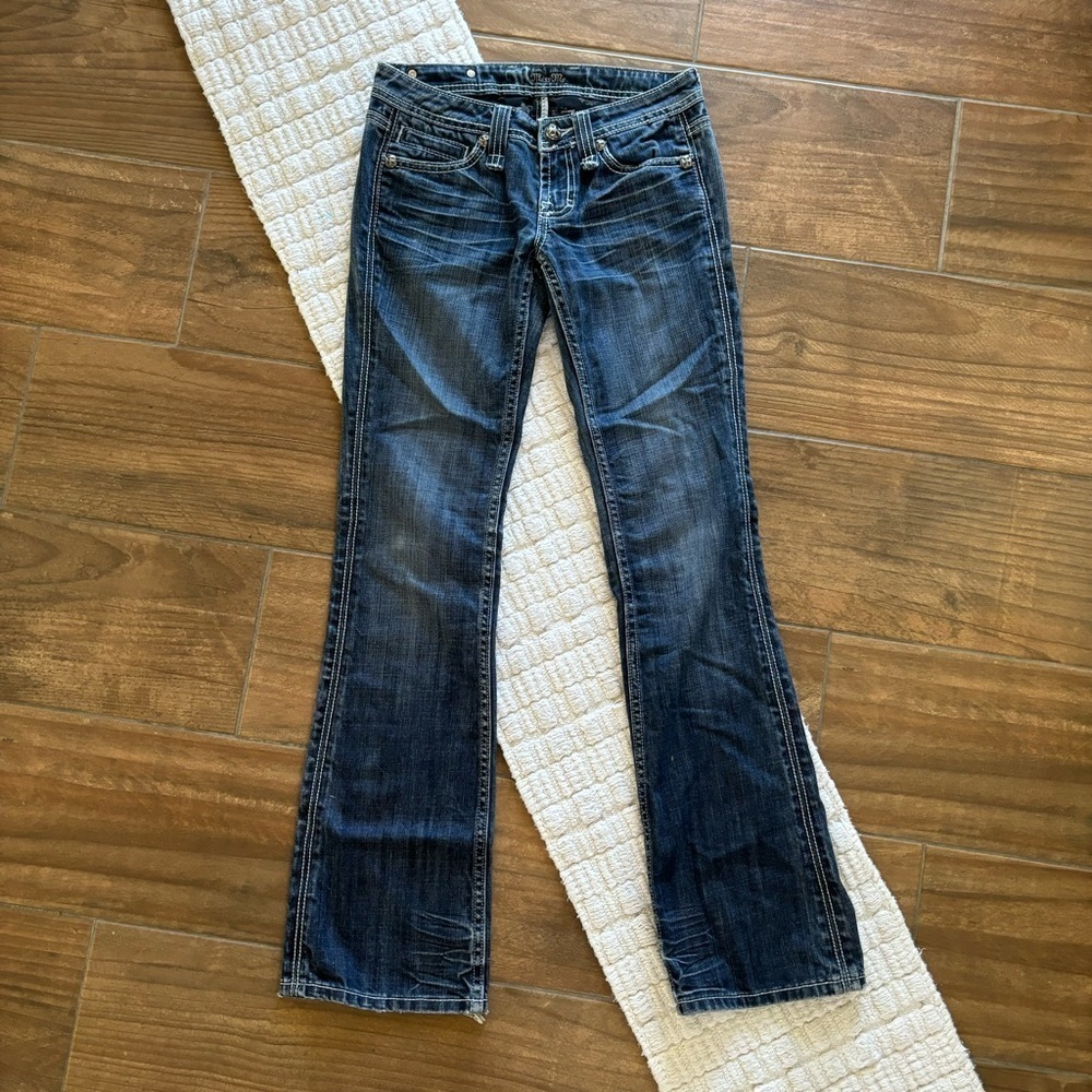 Miss Meโ Bootcut Jeans Size 26 Midnight Fleur De Lis JP4369 Low Rise Dark Wash